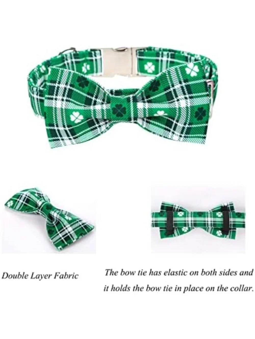 St. Patrick's Day Dog Collar with Bowtie, Green Shamrock Clover, Adjustable M